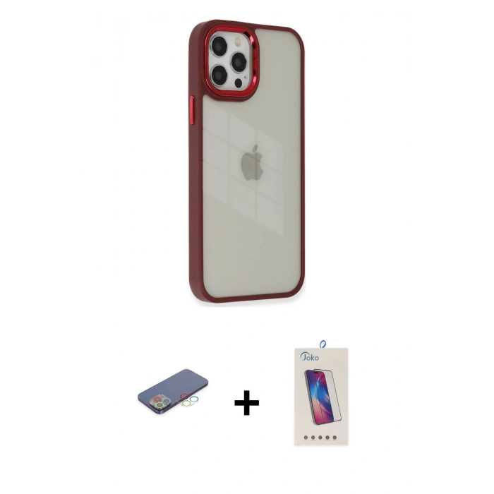 MARSİLYAN™- iPhone 12 Pro Max Kılıf Eksen Doku Prime - Siyah Joko 5D Cam + Renkli Kamera Lens Koruma Cam - MI