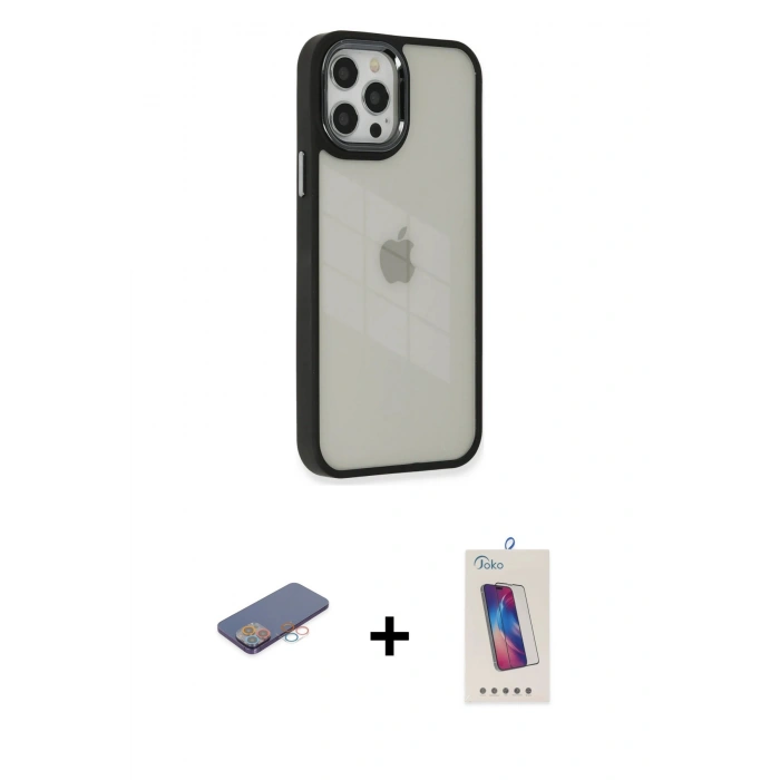 MARSİLYAN™- iPhone 12 Pro Max Kılıf Eksen Doku Prime - Siyah Joko 5D Cam + Renkli Kamera Lens Koruma Cam - PE