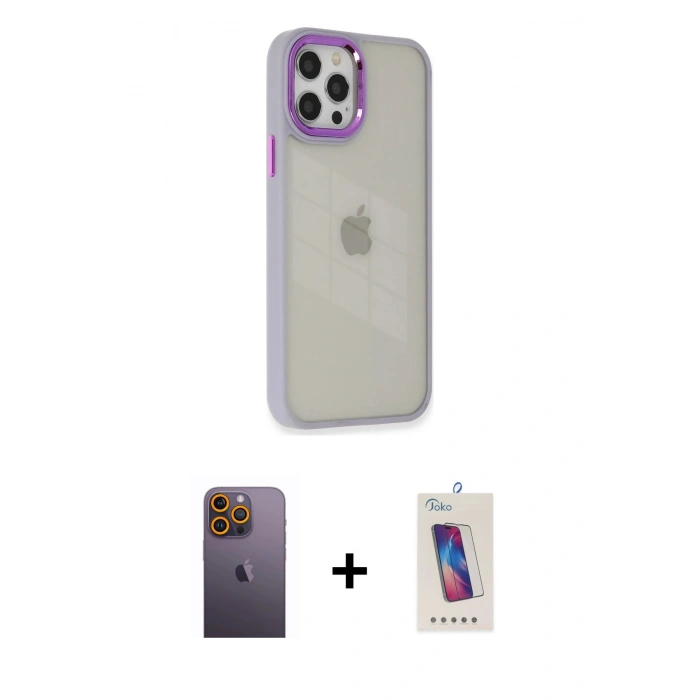MARSİLYAN™- iPhone 12 Pro Max Kılıf Eksen Doku Prime - Siyah Joko 5D Cam + Neon Fosforlu Kamera Lens - SI