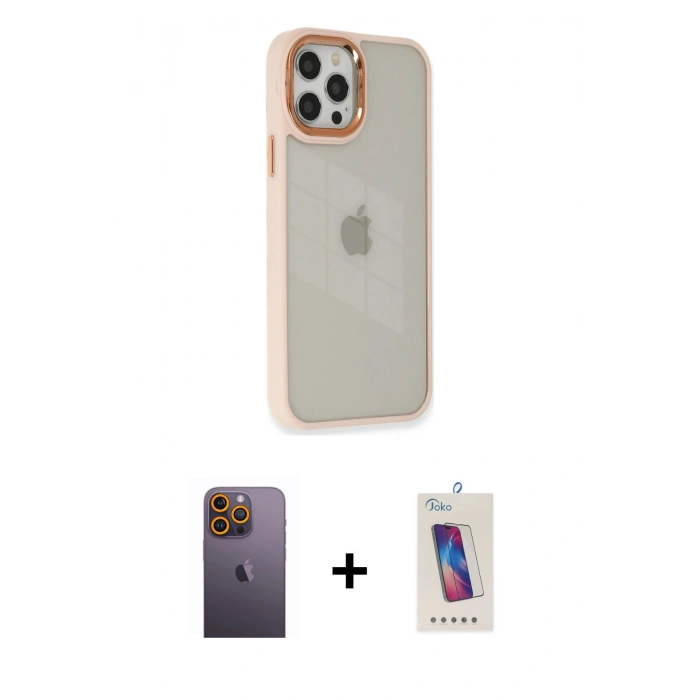 MARSİLYAN™- iPhone 12 Pro Max Kılıf Eksen Doku Prime - Siyah Joko 5D Cam + Neon Fosforlu Kamera Lens - SI