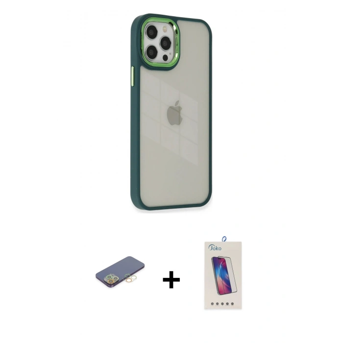 MARSİLYAN™- iPhone 12 Pro Max Kılıf Eksen Doku Prime - Siyah Joko 5D Cam + Renkli Kamera Lens Koruma Cam - SI