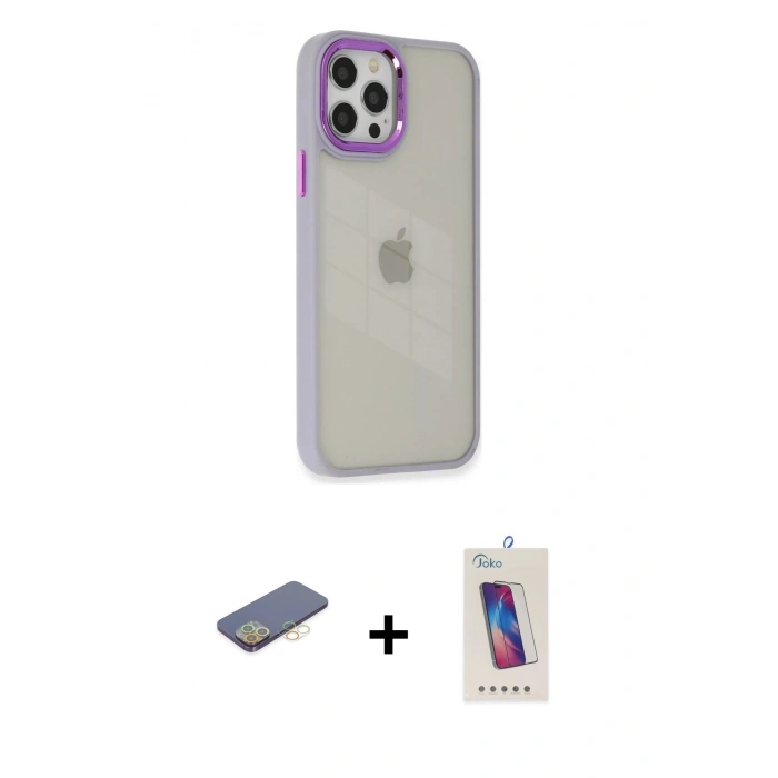 MARSİLYAN™- iPhone 12 Pro Max Kılıf Eksen Doku Prime - Siyah Joko 5D Cam + Renkli Kamera Lens Koruma Cam - SI