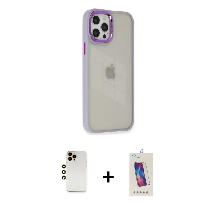 MARSİLYAN™- iPhone 12 Pro Max Kılıf Eksen Doku Prime - Siyah Joko 5D Cam + Shine Kamera Lens - GD