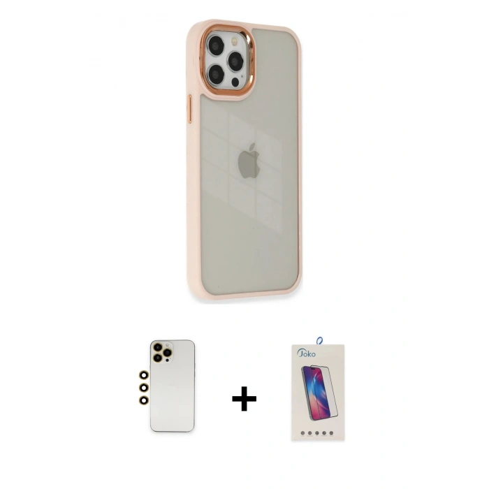 MARSİLYAN™- iPhone 12 Pro Max Kılıf Eksen Doku Prime - Siyah Joko 5D Cam + Shine Kamera Lens - GD