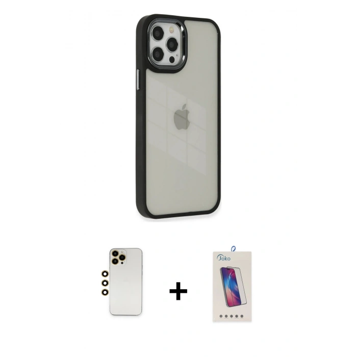 MARSİLYAN™- iPhone 12 Pro Max Kılıf Eksen Doku Prime - Siyah Joko 5D Cam + Shine Kamera Lens - GD