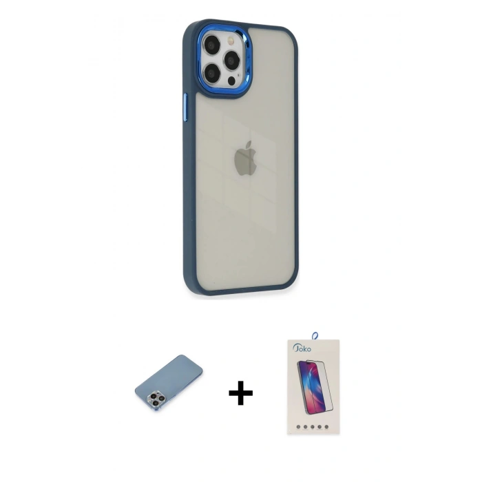 MARSİLYAN™- iPhone 12 Pro Max Kılıf Eksen Doku Prime - Siyah Joko 5D Cam + Shine Kamera Lens Koruma Cam - GI