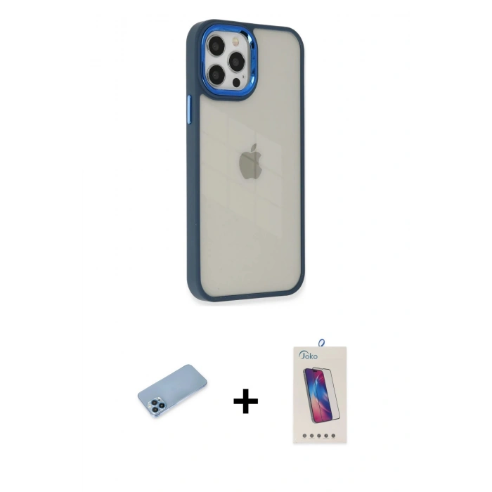 MARSİLYAN™- iPhone 12 Pro Max Kılıf Eksen Doku Prime - Siyah Joko 5D Cam + Shine Kamera Lens Koruma Cam - MI
