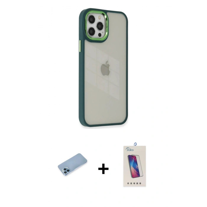 MARSİLYAN™- iPhone 12 Pro Max Kılıf Eksen Doku Prime - Siyah Joko 5D Cam + Shine Kamera Lens Koruma Cam - MI