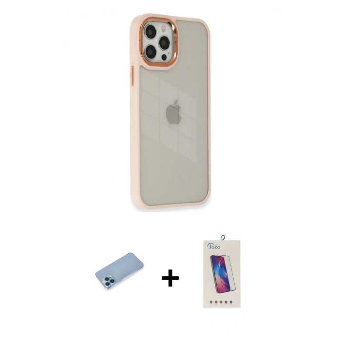 MARSİLYAN™- iPhone 12 Pro Max Kılıf Eksen Doku Prime - Siyah Joko 5D Cam + Shine Kamera Lens Koruma Cam - MI