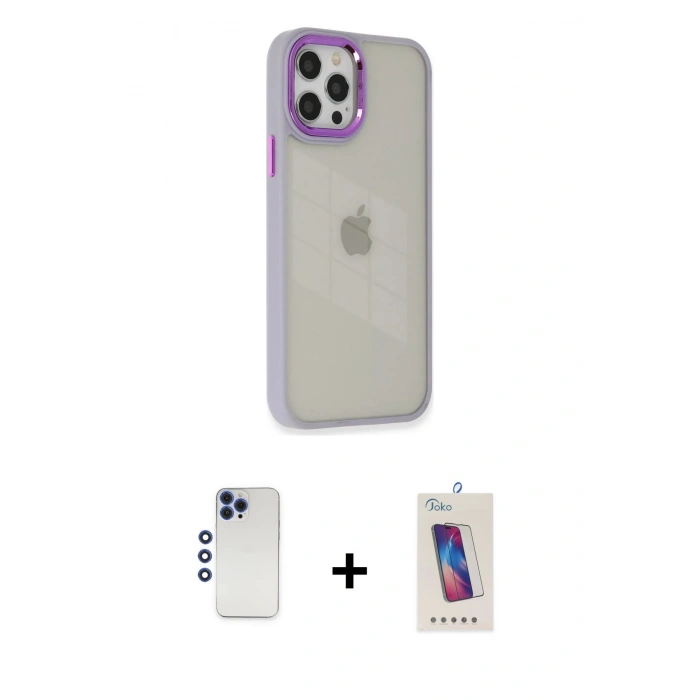 MARSİLYAN™- iPhone 12 Pro Max Kılıf Eksen Doku Prime - Siyah Joko 5D Cam + Shine Kamera Lens - LT