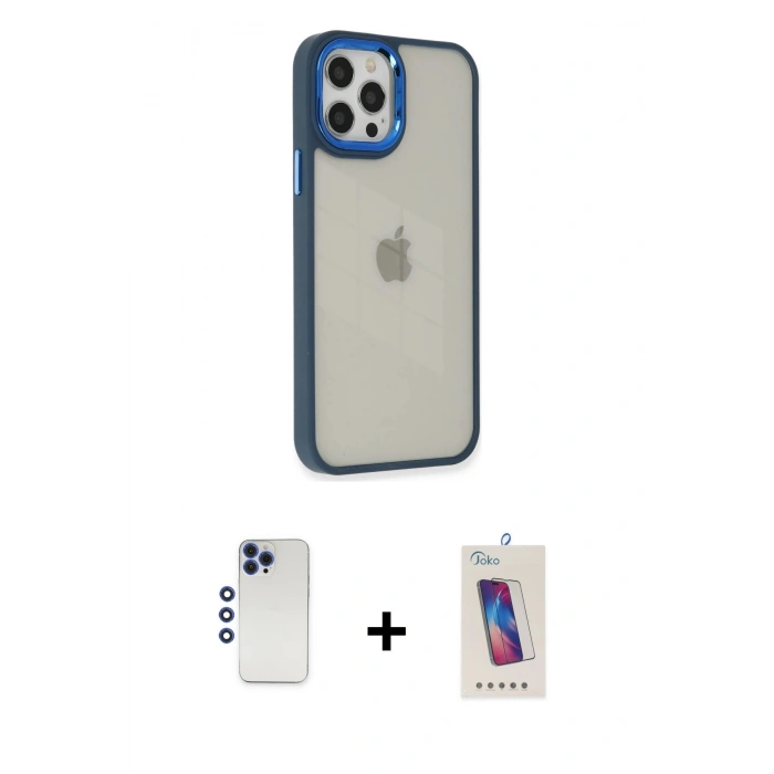 MARSİLYAN™- iPhone 12 Pro Max Kılıf Eksen Doku Prime - Siyah Joko 5D Cam + Shine Kamera Lens - LT