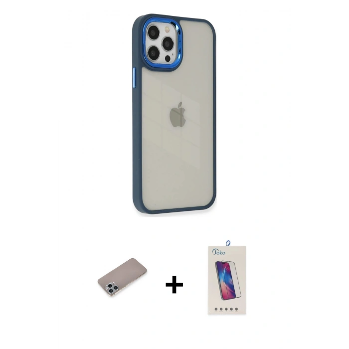 MARSİLYAN™- iPhone 12 Pro Max Kılıf Eksen Doku Prime - Siyah Joko 5D Cam + Shine Kamera Lens Koruma Cam - SABE