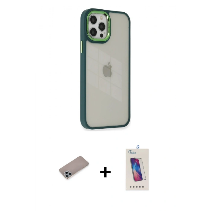 MARSİLYAN™- iPhone 12 Pro Max Kılıf Eksen Doku Prime - Siyah Joko 5D Cam + Shine Kamera Lens Koruma Cam - SABE