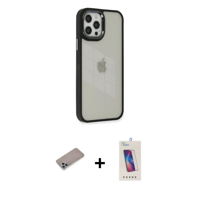 MARSİLYAN™- iPhone 12 Pro Max Kılıf Eksen Doku Prime - Siyah Joko 5D Cam + Shine Kamera Lens Koruma Cam - SABE
