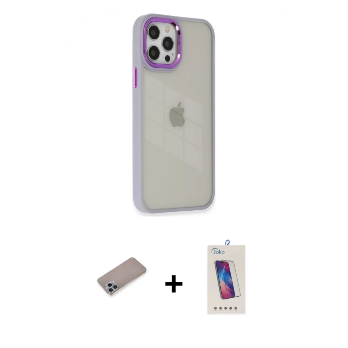 MARSİLYAN™- iPhone 12 Pro Max Kılıf Eksen Doku Prime - Siyah Joko 5D Cam + Shine Kamera Lens Koruma Cam - SABE