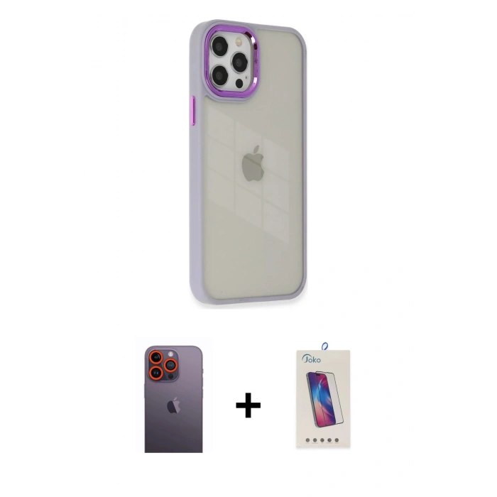 MARSİLYAN™- iPhone 12 Pro Max Kılıf Eksen Doku Prime - Siyah Joko 5D Cam + Turuncu Neon Fosforlu Kamera Lens