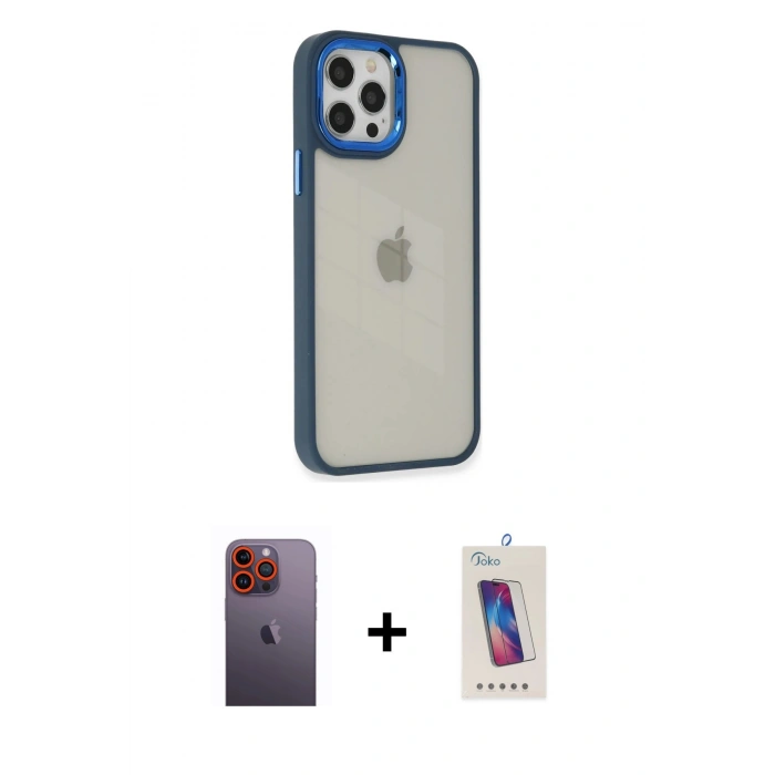 MARSİLYAN™- iPhone 12 Pro Max Kılıf Eksen Doku Prime - Siyah Joko 5D Cam + Turuncu Neon Fosforlu Kamera Lens