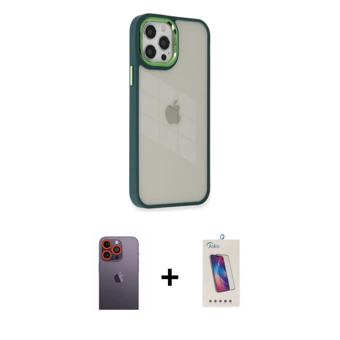 MARSİLYAN™- iPhone 12 Pro Max Kılıf Eksen Doku Prime - Siyah Joko 5D Cam + Turuncu Neon Fosforlu Kamera Lens