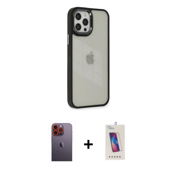 MARSİLYAN™- iPhone 12 Pro Max Kılıf Eksen Doku Prime - Siyah Joko 5D Cam + Turuncu Neon Fosforlu Kamera Lens