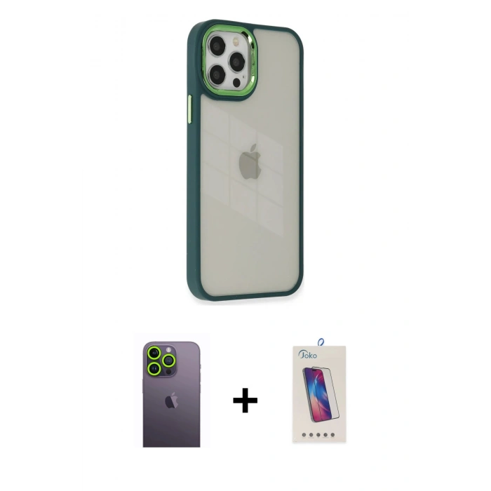 MARSİLYAN™- iPhone 12 Pro Max Kılıf Eksen Doku Prime - Siyah Joko 5D Cam + Neon Fosforlu Kamera Lens - YL