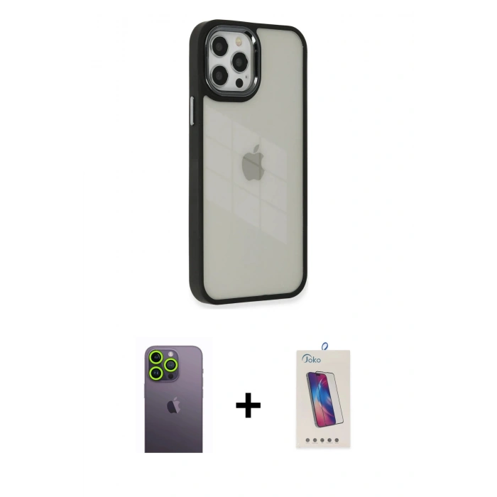 MARSİLYAN™- iPhone 12 Pro Max Kılıf Eksen Doku Prime - Siyah Joko 5D Cam + Neon Fosforlu Kamera Lens - YL