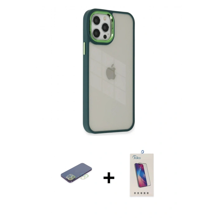 MARSİLYAN™- iPhone 12 Pro Max Kılıf Eksen Doku Prime - Siyah Joko 5D Cam + Renkli Kamera Lens Koruma Cam - YL