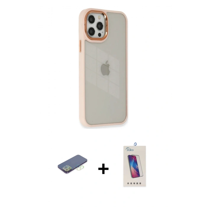 MARSİLYAN™- iPhone 12 Pro Max Kılıf Eksen Doku Prime - Siyah Joko 5D Cam + Renkli Kamera Lens Koruma Cam - YL