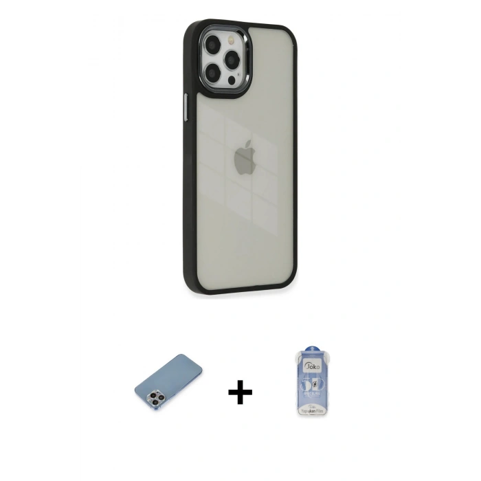 MARSİLYAN™- iPhone 12 Pro Max Kılıf Eksen Doku Prime - Siyah Joko Magic 5D Cam + Shine Kamera Lens Koruma Cam - GI