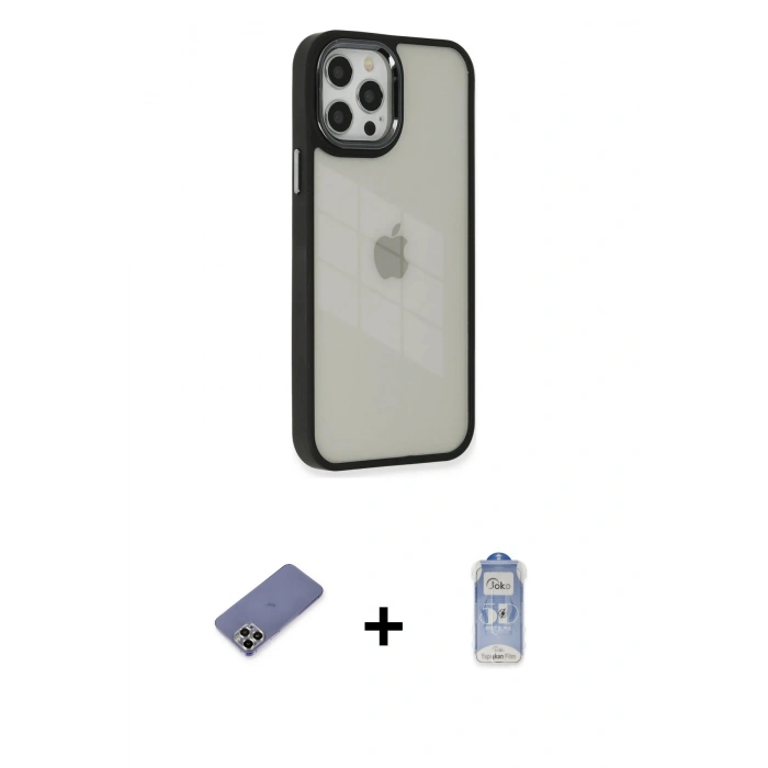 MARSİLYAN™- iPhone 12 Pro Max Kılıf Eksen Doku Prime - Siyah Joko Magic 5D Cam + Metal Kamera Lens Koruma Cam - GD
