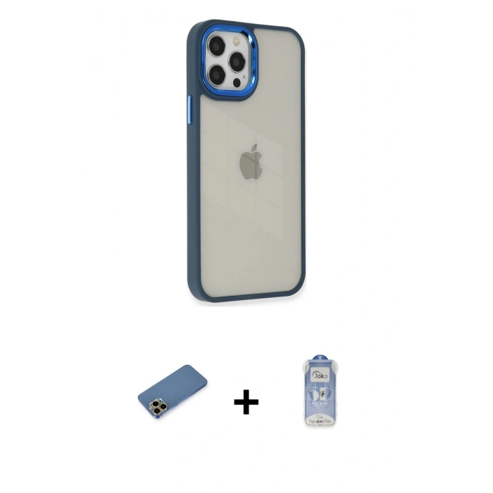 MARSİLYAN™- iPhone 12 Pro Max Kılıf Eksen Doku Prime - Siyah Joko Magic 5D Cam + Gold Shine Kamera Lens Koruma Cam