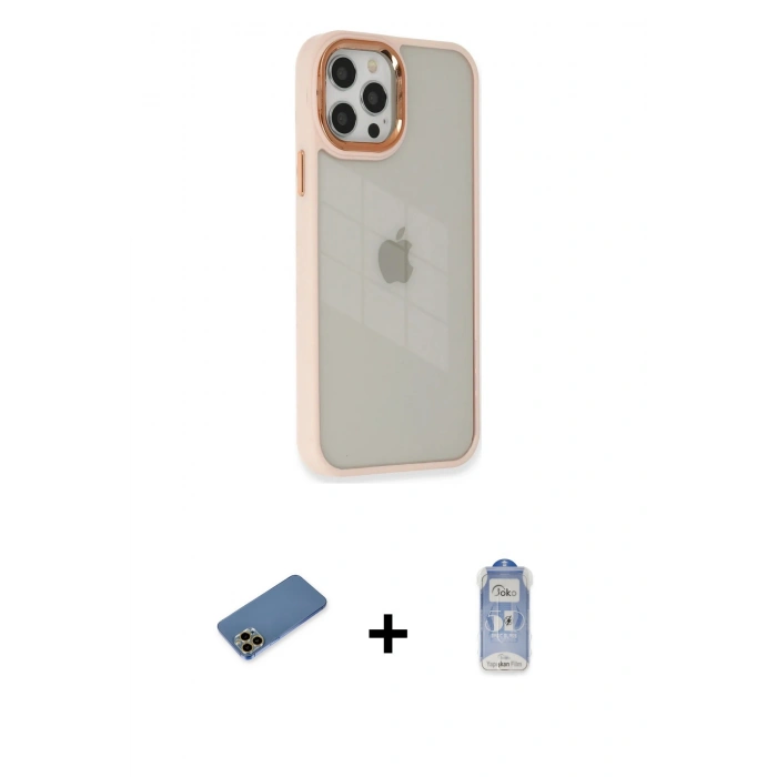 MARSİLYAN™- iPhone 12 Pro Max Kılıf Eksen Doku Prime - Siyah Joko Magic 5D Cam + Gold Shine Kamera Lens Koruma Cam
