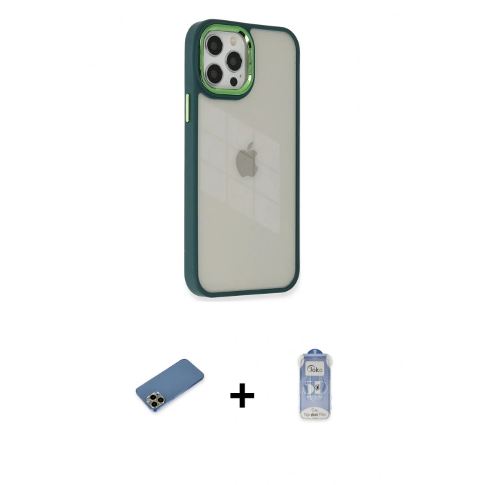 MARSİLYAN™- iPhone 12 Pro Max Kılıf Eksen Doku Prime - Siyah Joko Magic 5D Cam + Gold Shine Kamera Lens Koruma Cam