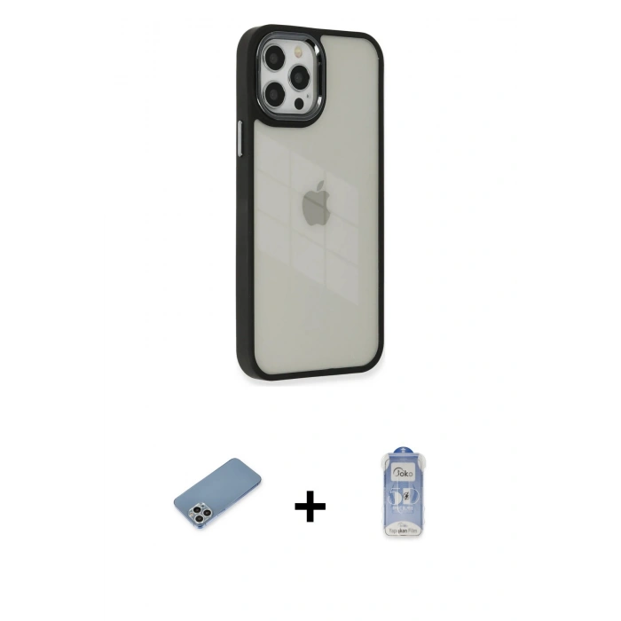 MARSİLYAN™- iPhone 12 Pro Max Kılıf Eksen Doku Prime - Siyah Joko Magic 5D Cam + Shine Kamera Lens Koruma Cam - GS