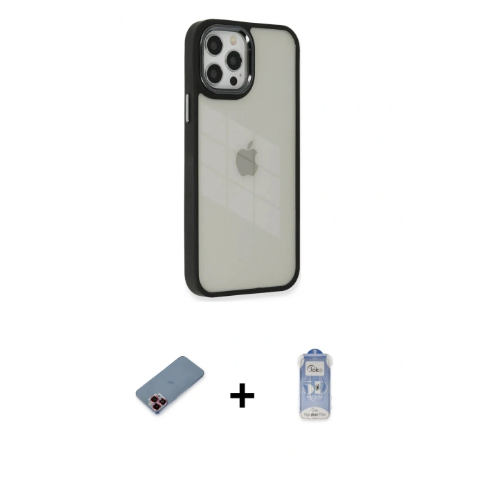 MARSİLYAN™- iPhone 12 Pro Max Kılıf Eksen Doku Prime - Siyah Joko Magic 5D Cam + Kırmızı Metal Kamera Lens Koruma Cam