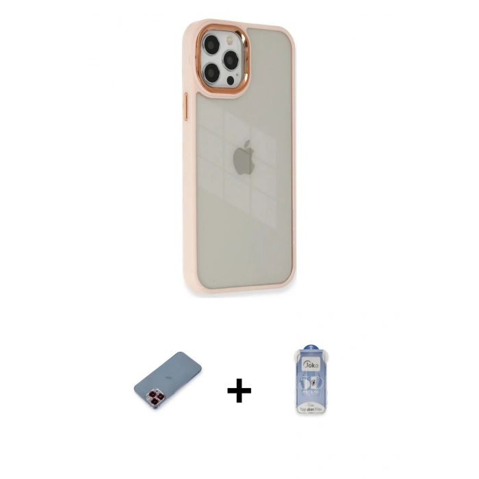 MARSİLYAN™- iPhone 12 Pro Max Kılıf Eksen Doku Prime - Siyah Joko Magic 5D Cam + Kırmızı Metal Kamera Lens Koruma Cam