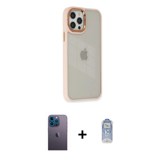 MARSİLYAN™- iPhone 12 Pro Max Kılıf Eksen Doku Prime - Siyah Joko Magic 5D Cam + Neon Fosforlu Kamera Lens - MI