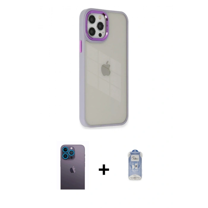 MARSİLYAN™- iPhone 12 Pro Max Kılıf Eksen Doku Prime - Siyah Joko Magic 5D Cam + Neon Fosforlu Kamera Lens - MI