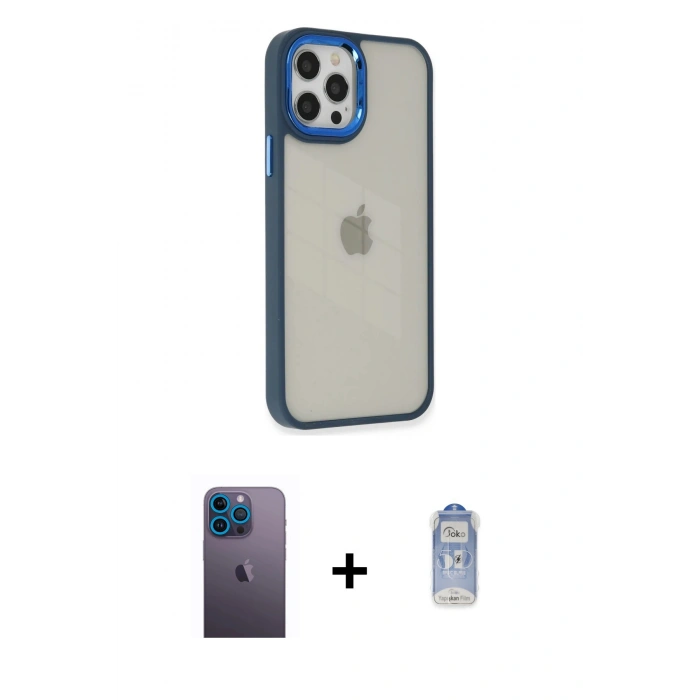 MARSİLYAN™- iPhone 12 Pro Max Kılıf Eksen Doku Prime - Siyah Joko Magic 5D Cam + Neon Fosforlu Kamera Lens - MI