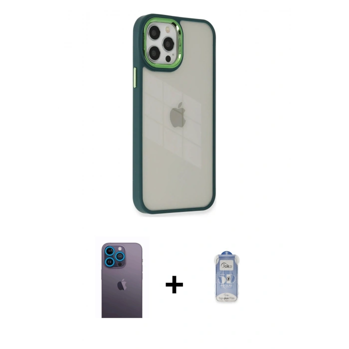 MARSİLYAN™- iPhone 12 Pro Max Kılıf Eksen Doku Prime - Siyah Joko Magic 5D Cam + Neon Fosforlu Kamera Lens - MI