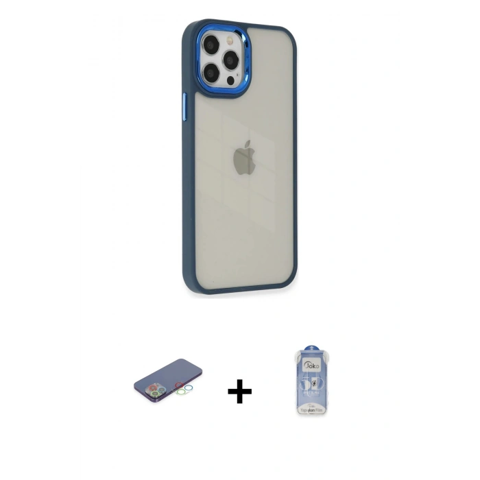 MARSİLYAN™- iPhone 12 Pro Max Kılıf Eksen Doku Prime - Siyah Joko Magic 5D Cam + Renkli Kamera Lens Koruma Cam - MI