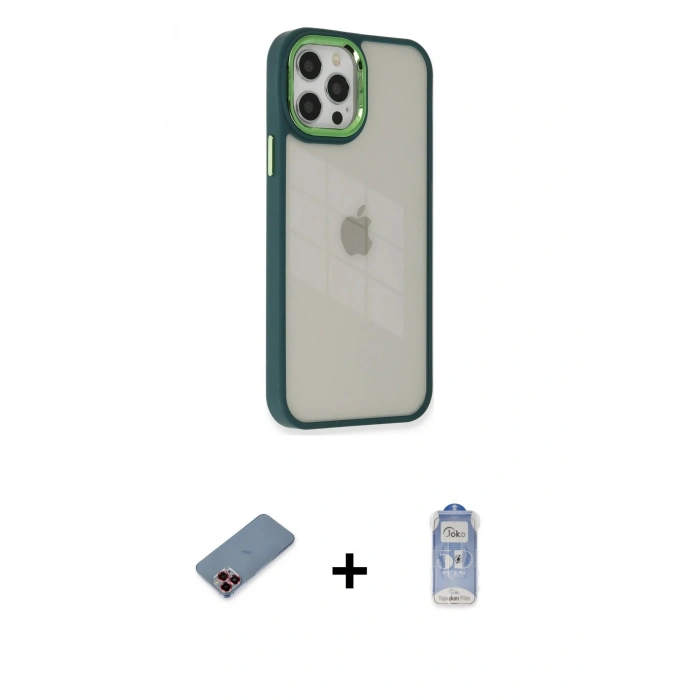MARSİLYAN™- iPhone 12 Pro Max Kılıf Eksen Doku Prime - Siyah Joko Magic 5D Cam + Metal Kamera Lens Koruma Cam - KI