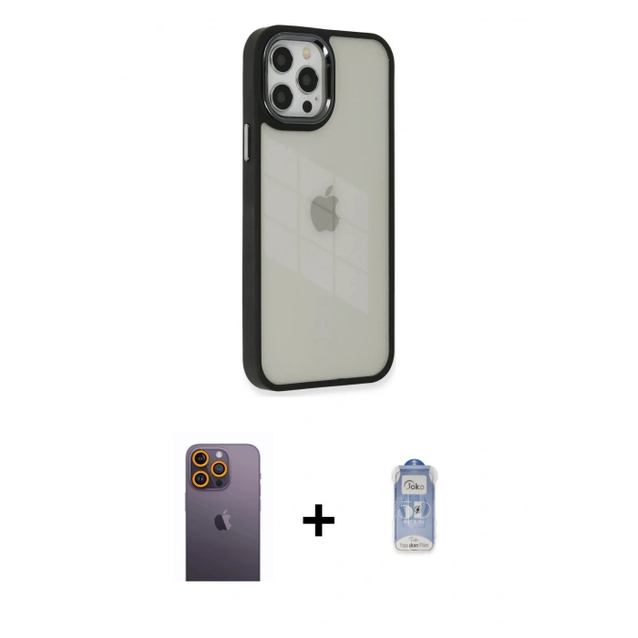 MARSİLYAN™- iPhone 12 Pro Max Kılıf Eksen Doku Prime - Siyah Joko Magic 5D Cam + Neon Fosforlu Kamera Lens - SI