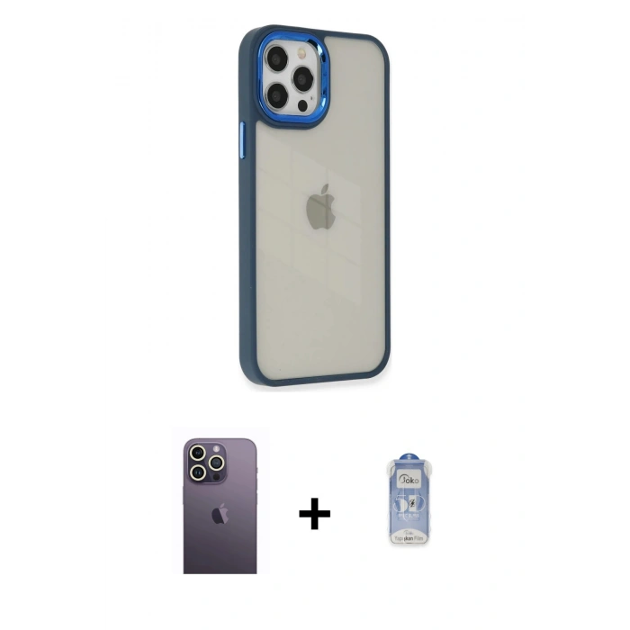 MARSİLYAN™- iPhone 12 Pro Max Kılıf Eksen Doku Prime - Siyah Joko Magic 5D Cam + Neon Fosforlu Kamera Lens - BZ