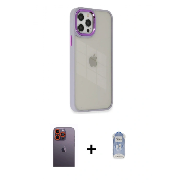 MARSİLYAN™- iPhone 12 Pro Max Kılıf Eksen Doku Prime - Siyah Joko Magic 5D Cam + Neon Fosforlu Kamera Lens - TU