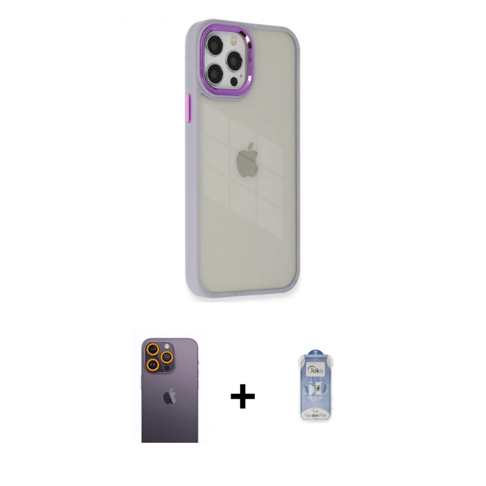 MARSİLYAN™- iPhone 12 Pro Max Kılıf Eksen Doku Prime - Siyah Joko Magic 5D Cam + Neon Fosforlu Kamera Lens - SI