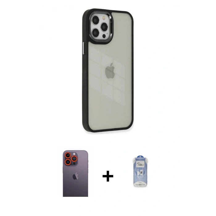 MARSİLYAN™- iPhone 12 Pro Max Kılıf Eksen Doku Prime - Siyah Joko Magic 5D Cam + Neon Fosforlu Kamera Lens - TU