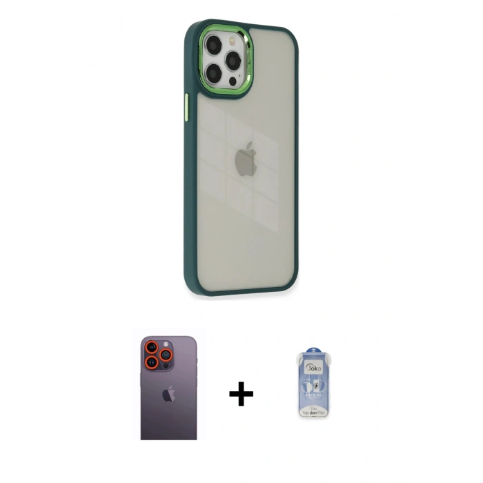MARSİLYAN™- iPhone 12 Pro Max Kılıf Eksen Doku Prime - Siyah Joko Magic 5D Cam + Neon Fosforlu Kamera Lens - TU