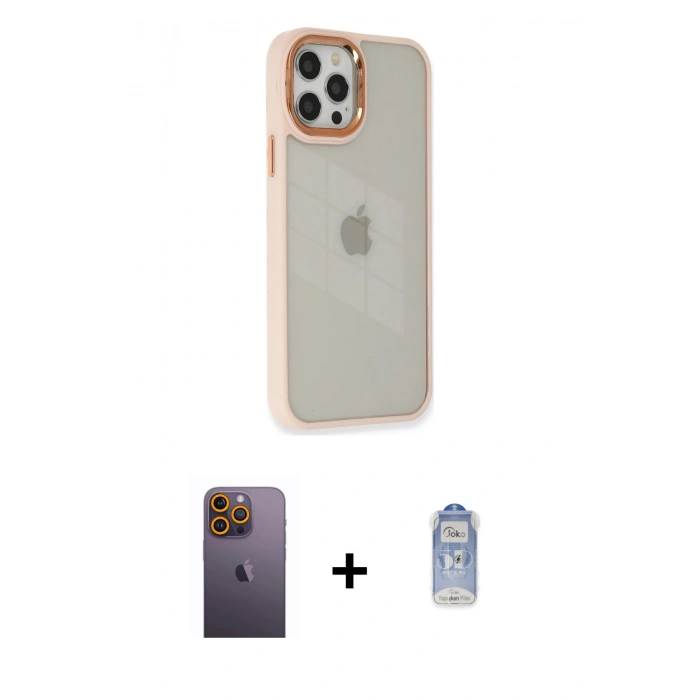 MARSİLYAN™- iPhone 12 Pro Max Kılıf Eksen Doku Prime - Siyah Joko Magic 5D Cam + Neon Fosforlu Kamera Lens - SI