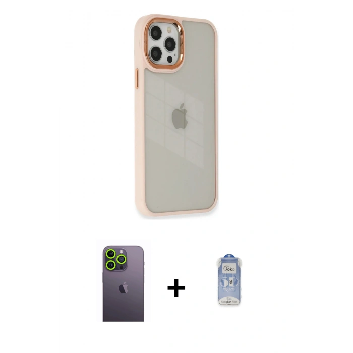 MARSİLYAN™- iPhone 12 Pro Max Kılıf Eksen Doku Prime - Siyah Joko Magic 5D Cam + Neon Fosforlu Kamera Lens - YL