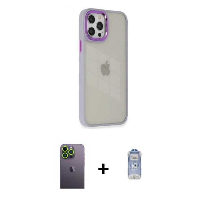 MARSİLYAN™- iPhone 12 Pro Max Kılıf Eksen Doku Prime - Siyah Joko Magic 5D Cam + Neon Fosforlu Kamera Lens - YL